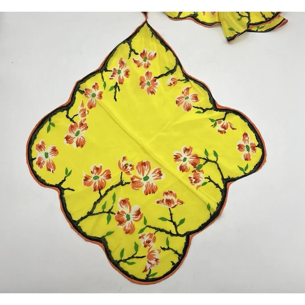 Vintage Asian Floral Silk Hanky Scarf Scalloped Edges Yellow Double Hankie *READ